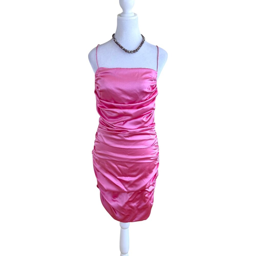 Alice + Olivia Satin Mini Dress Cruz Hot Pink Silk Ruched Party (10)